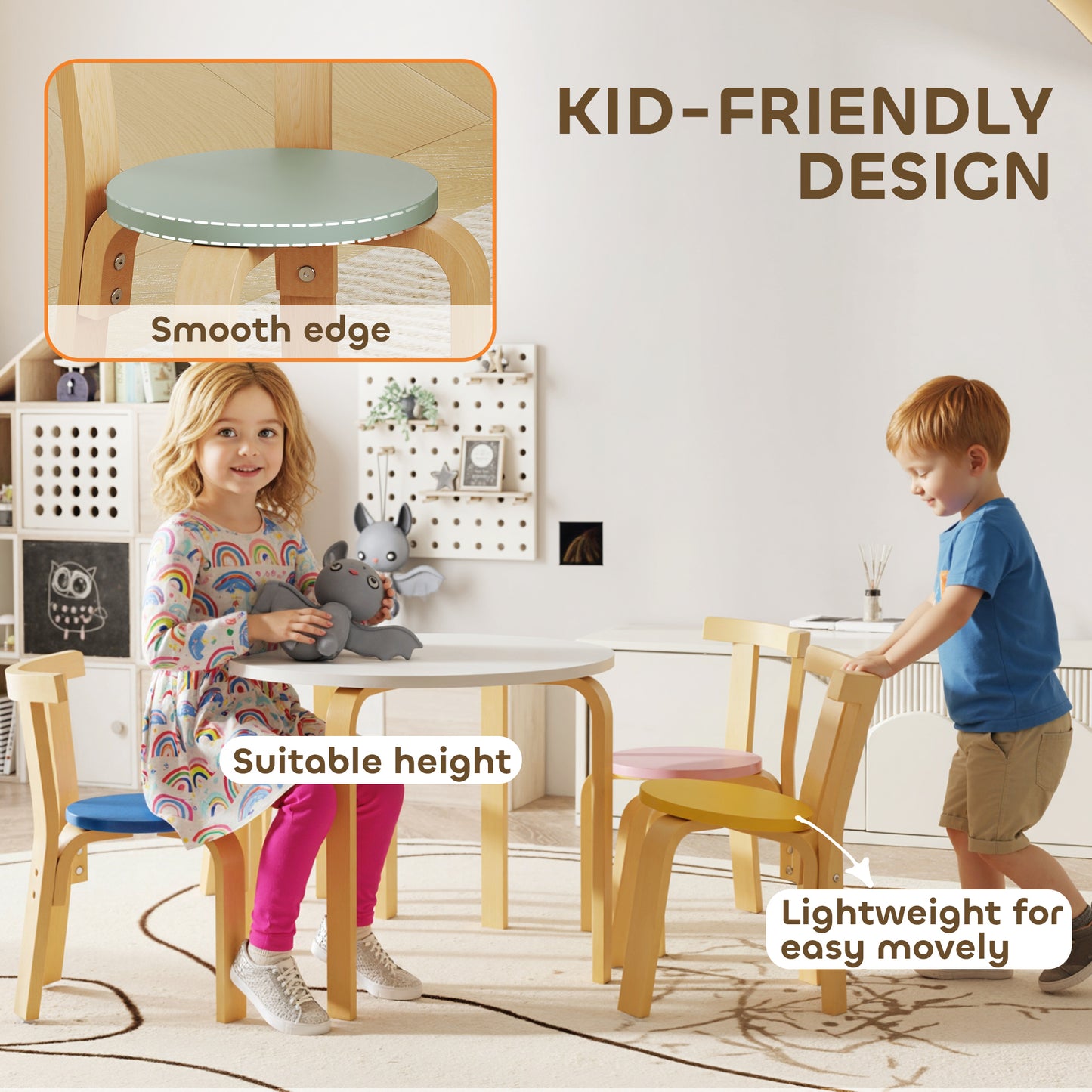 AIYAPLAY 5 Piece Kids Table and Chairs Set, Wooden Toddler Table and Chairs Set for Nursery, Playroom, Classroom, for 3-8 Years