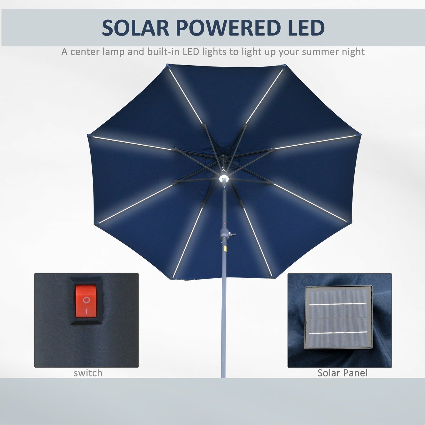 Outsunny 2.7m Garden Parasol Sun Umbrella w/ LED Solar Light Angled Canopy Blue