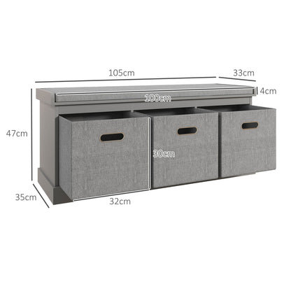 HOMCOM Three-Drawer Shoe Storage Bench, with Padded Top Seat - Grey