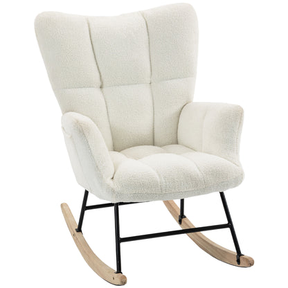 HOMCOM Rocking Chair, Teddy Fleece Rocker Chair with Tufted Wingback, Side Pockets, Rubber Wood Legs, Cream White