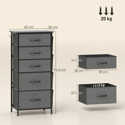 HOMCOM Chest of Five Fabric Drawers - Charcoal Grey