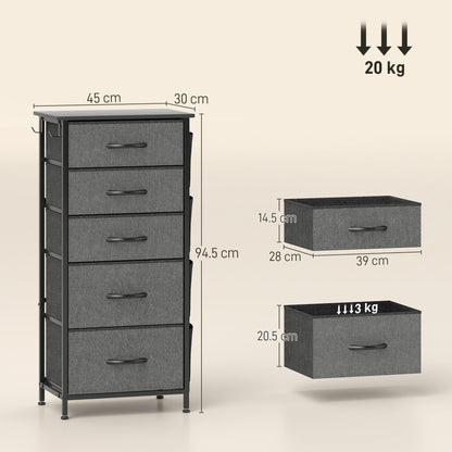 HOMCOM Chest of Five Fabric Drawers - Charcoal Grey