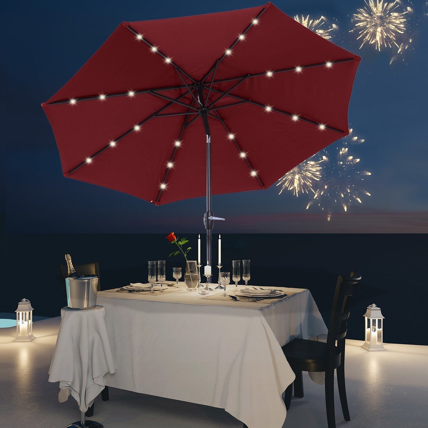 Outsunny a2.7m Garden 24 LED Light Parasol Solar Outdoor Tilt Sun Umbrella Patio Club Party Event Manual Sun Shade w/ Hand Crank and 8 Ribs, Red