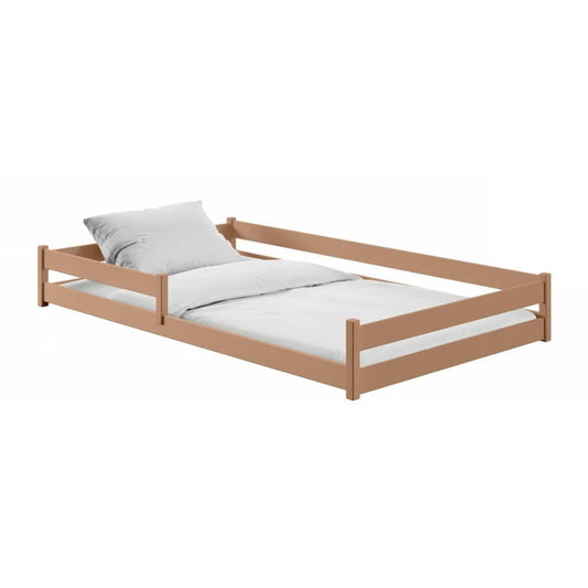 Wooden bed with white bedding and gray pillow on a white background