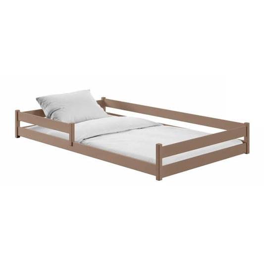 Wooden bed with white bedding on a white background