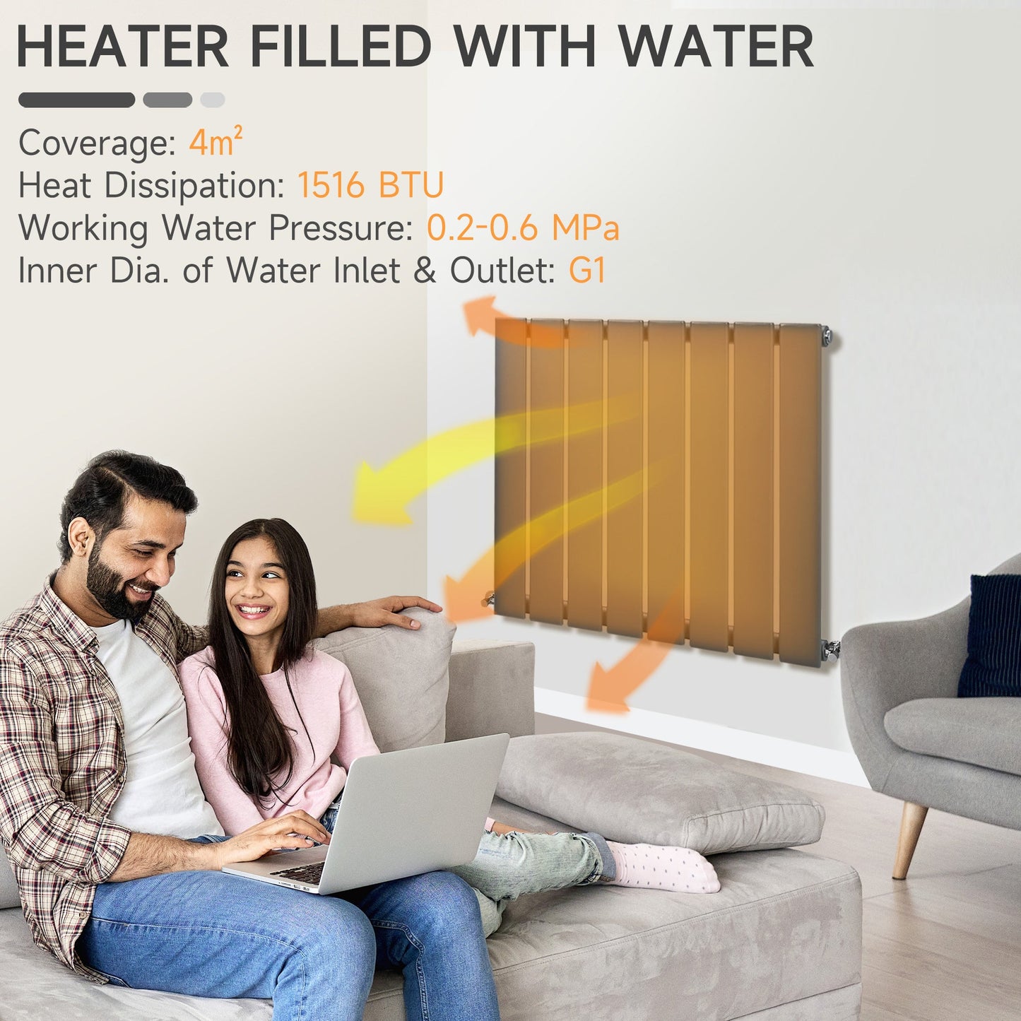 HOMCOM 60 x 60cm Space Heater, Water-filled Heater for Home, Single-layer Horizontal Designer Radiators, Quick Warm up Living room, Study, Garage, Bathrooms, Grey