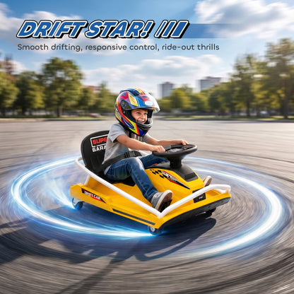 AIYAPLAY 24V Electric Go Kart for Kids with Drift Mode, 300W Brushless Motor, Soft Start and Dual Speed for Ages 6-10, Yellow