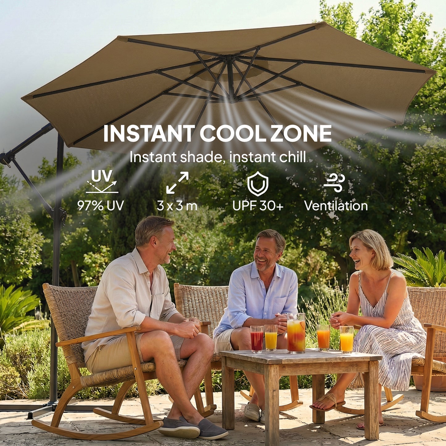Outsunny 3 m Garden Cantilever Parasol with Cover, Round Overhanging Umbrella with 360Â° Rotation, Tilt, Khaki