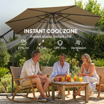 Outsunny 3 m Garden Cantilever Parasol with Cover, Round Overhanging Umbrella with 360Â° Rotation, Tilt, Khaki