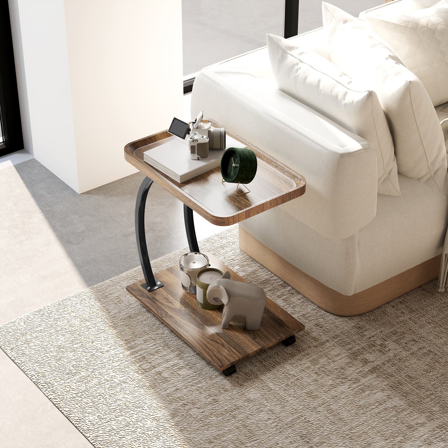 HOMCOM 2-Tier Mobile C-Shaped Side Table - Brown