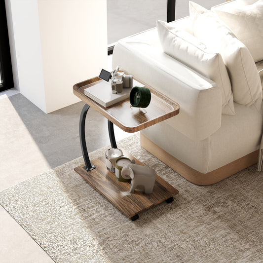 HOMCOM 2-Tier Mobile C-Shaped Side Table - Brown