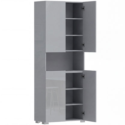 HOMCOM 180 cm Tall Kitchen Cupboard, Pantry Storage Cabinet with Soft Close Doors and Adjustable Shelves, High Gloss Grey