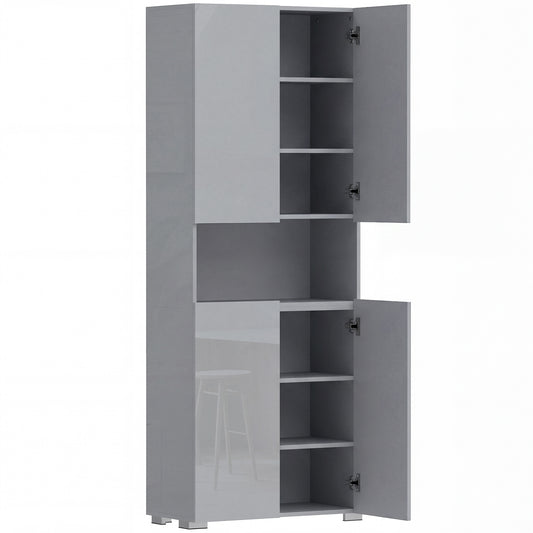 HOMCOM 180 cm Tall Kitchen Cupboard, Pantry Storage Cabinet with Soft Close Doors and Adjustable Shelves, High Gloss Grey