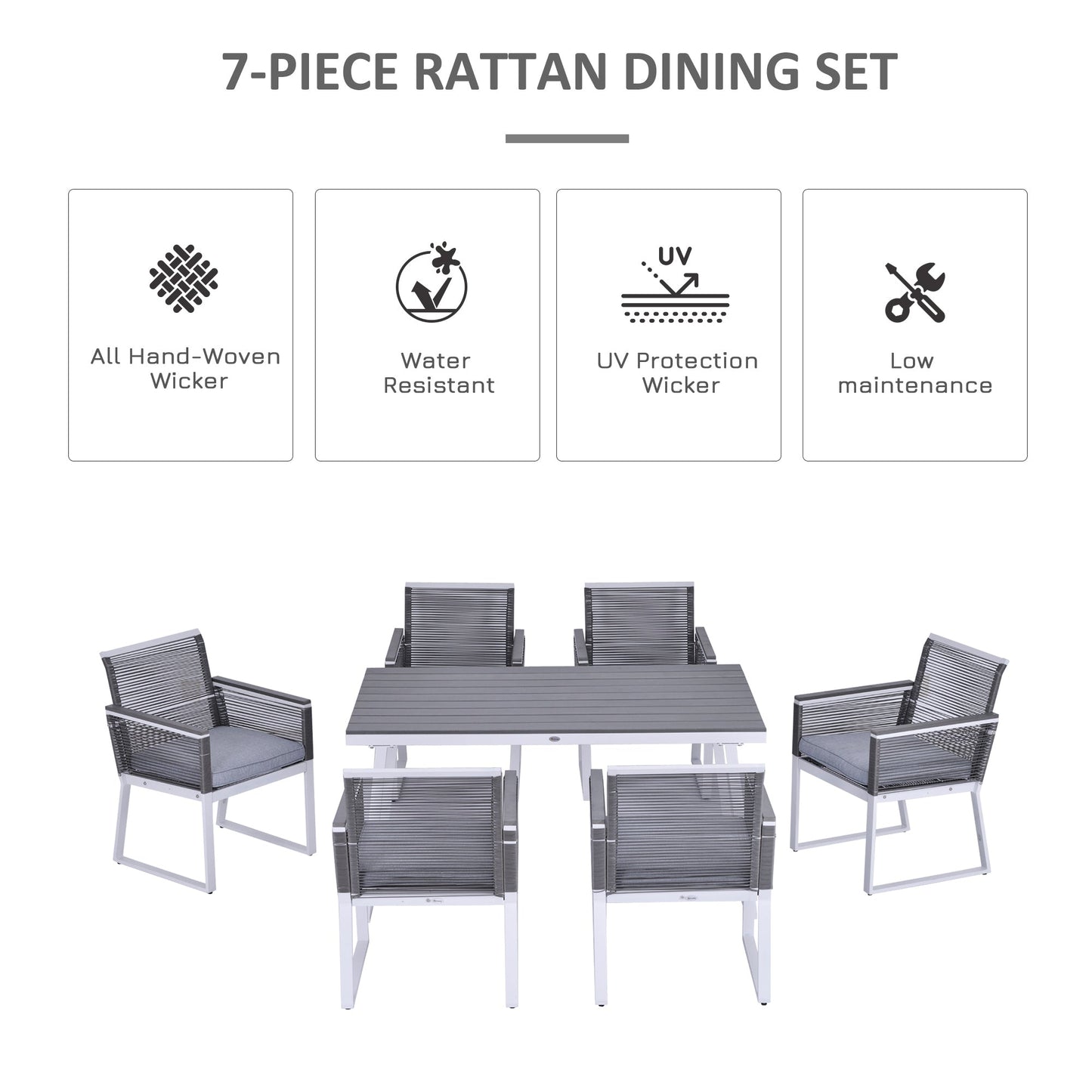 Outsunny 7 PCS Dining Set with 6 PE Rattan Cushioned Chairs & 1 Rectangle Table, Modern Outdoor Patio Furniture for Poolside, Porch, Patio, Balcony, Indoor