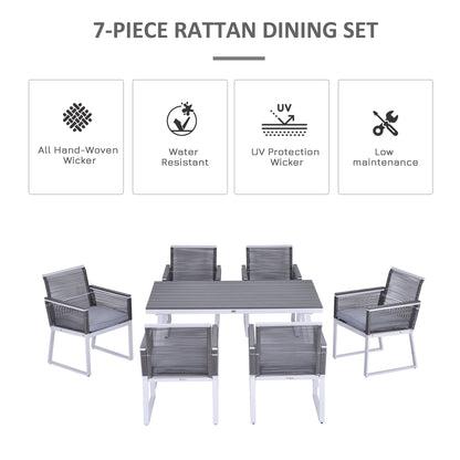 Outsunny 7 PCS Dining Set with 6 PE Rattan Cushioned Chairs & 1 Rectangle Table, Modern Outdoor Patio Furniture for Poolside, Porch, Patio, Balcony, Indoor