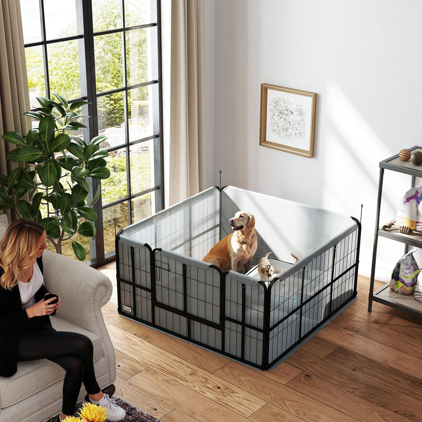 PawHut Steel Dog Whelping Box with Washable Whelping Pad, Wind-Resistant Cloth, for Small, Medium Dogs, 122 x 122 x 60cm