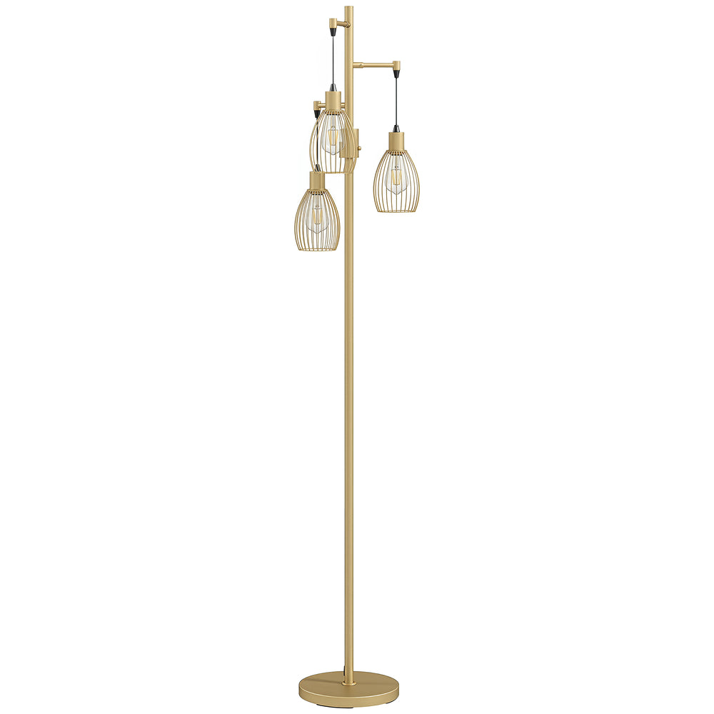 HOMCOM 170.5cm Industrial Dimmable Standing Lamp, 3-Light Floor Lamp with Steel Wire Cage Lampshades, Gold Tone