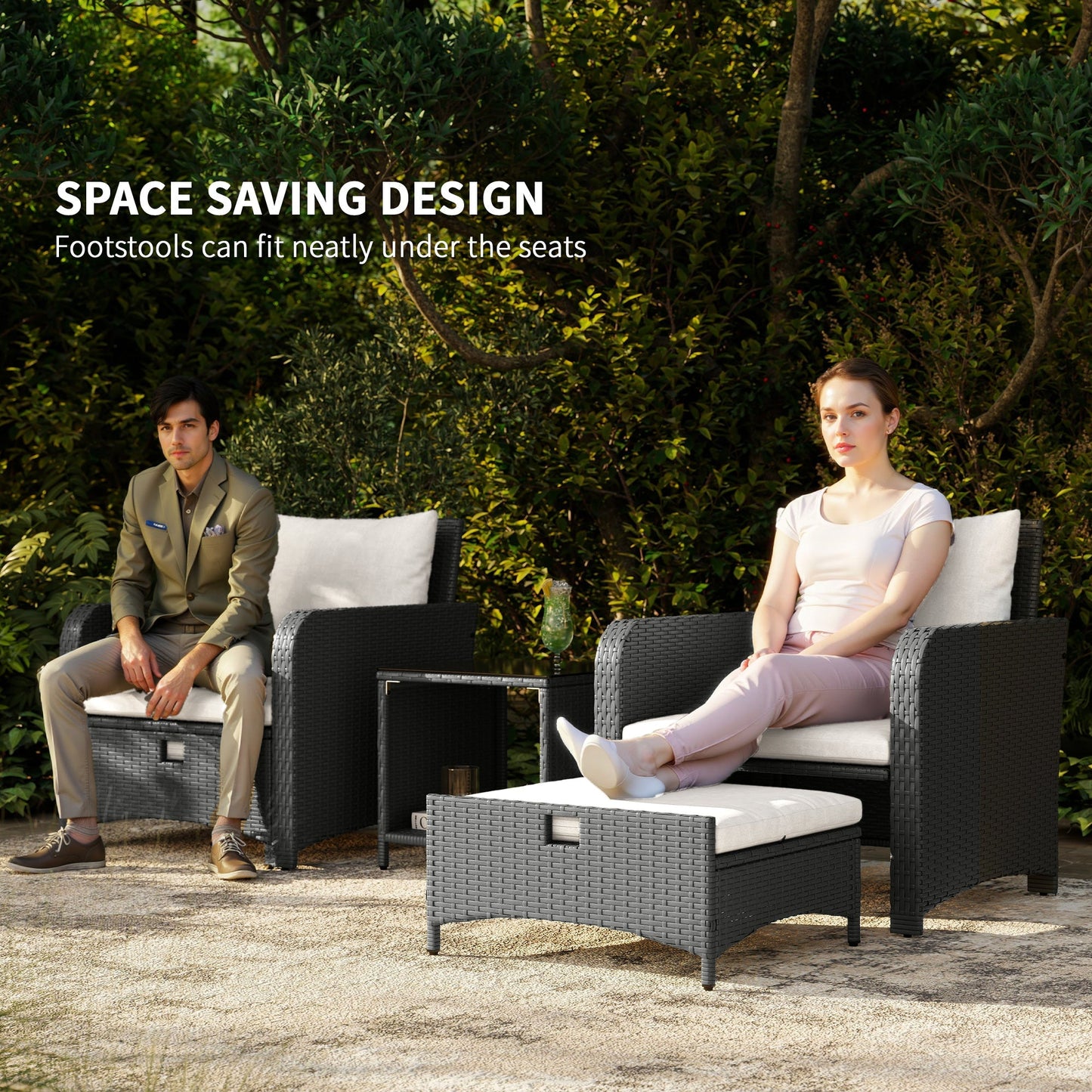 Outsunny Five Piece Rattan Garden Furniture Set with 2-Tier Coffee Table and Ottomans - Cream White