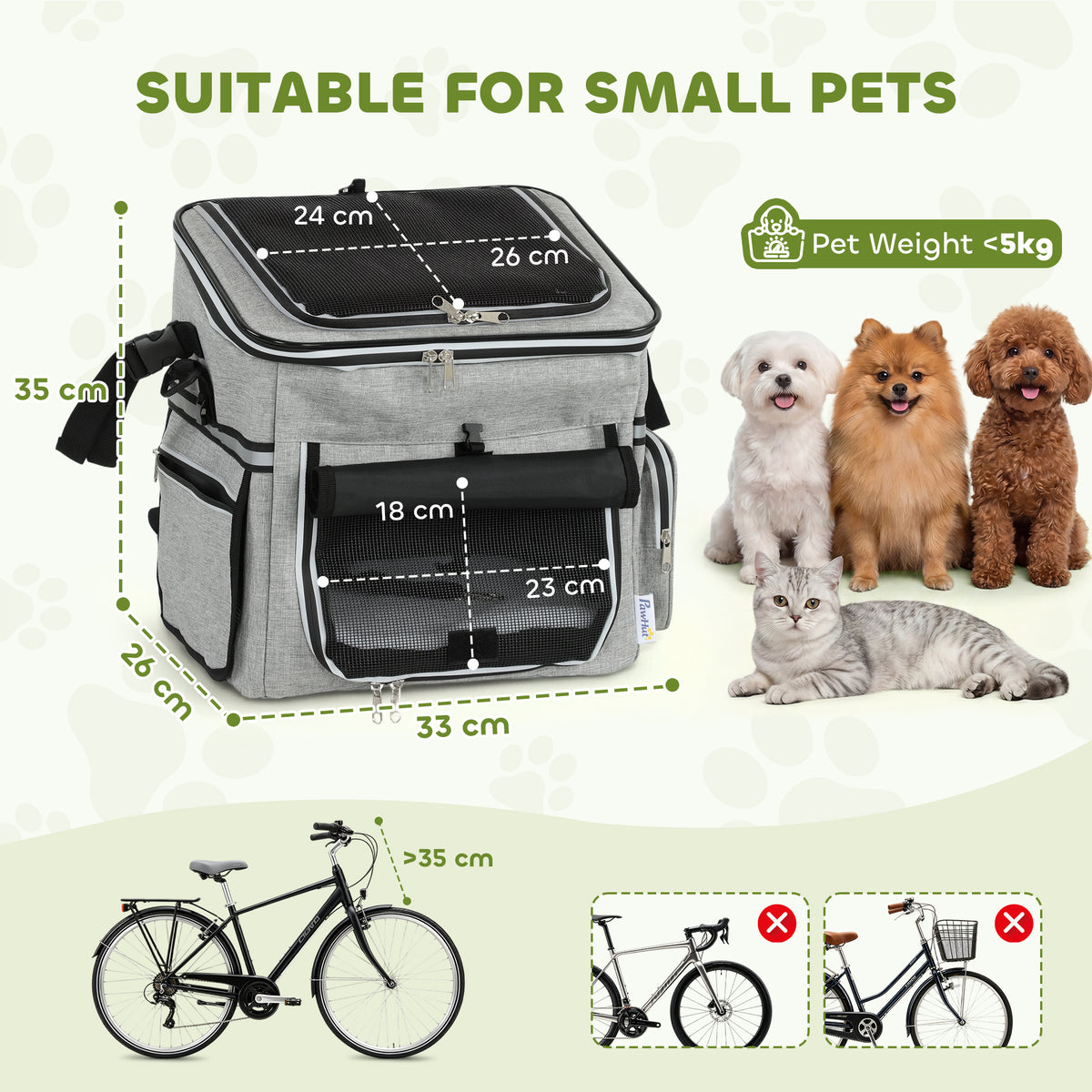PawHut Dog Bike Basket, Soft-Sided Pet Carrier with Security Leash, Mesh Door & Window, Plush Cushion, Bowl, Light Grey