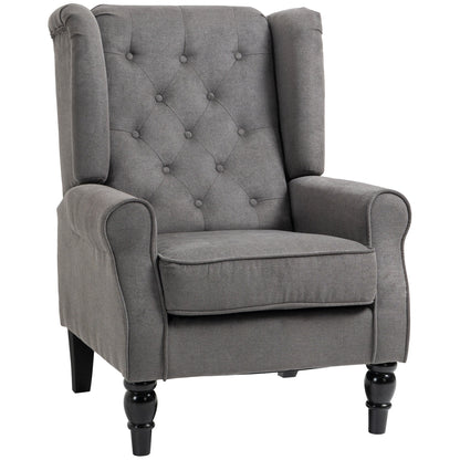 HOMCOM Retro Accent Chair, Linen Wingback Armchair with Wood Frame Button Tufted Design for Living Room Bedroom, Dark Grey