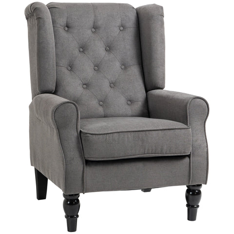 HOMCOM Retro Accent Chair, Linen Wingback Armchair with Wood Frame Button Tufted Design for Living Room Bedroom, Dark Grey