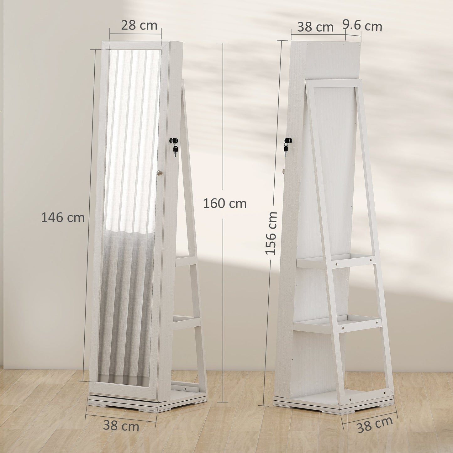 HOMCOM 360 Swivel Jewellery Cabinet, Free Standing Full Length Mirror with Storage, Lockable Jewellery Organiser with Built-in Makeup Mirror and Storage Shelves for Bedroom, White