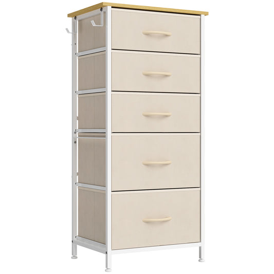HOMCOM Chest of Drawers, Dresser with 5 Fabric Drawers, Tall Storage Unit with 4 Pockets and 2 Hooks Steel Frame, Beige