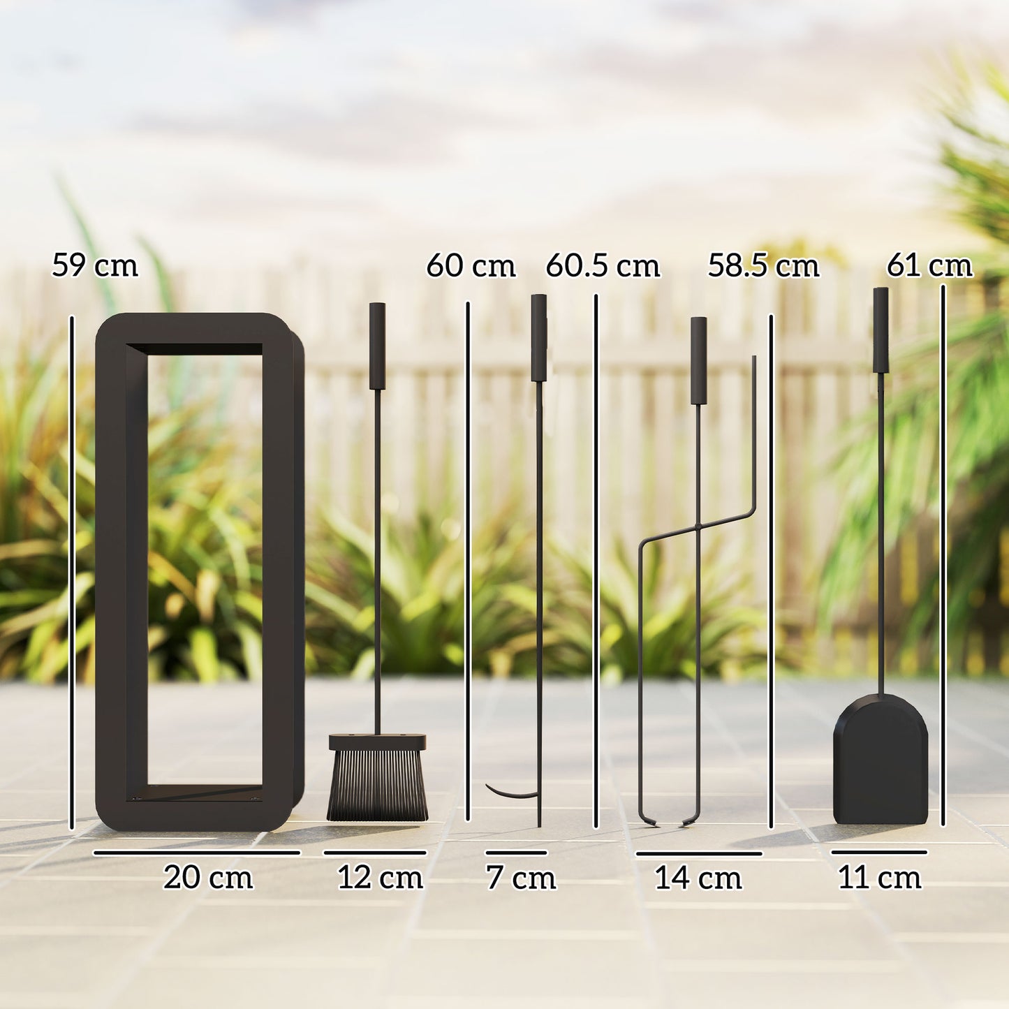 Outsunny 5 Pieces Fireplace Companion Set, Metal Fireplace Accessories Fireside Companion Set with Brush, Shovel, Poker, A Pair of Tongs, Stand, Black