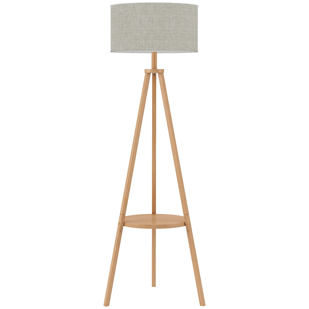 HOMCOM Bedside Light, Tripod Floor Lamp with Storage Shelf and Linen Shade for Living Room, 160cm, Natural Wood Colour