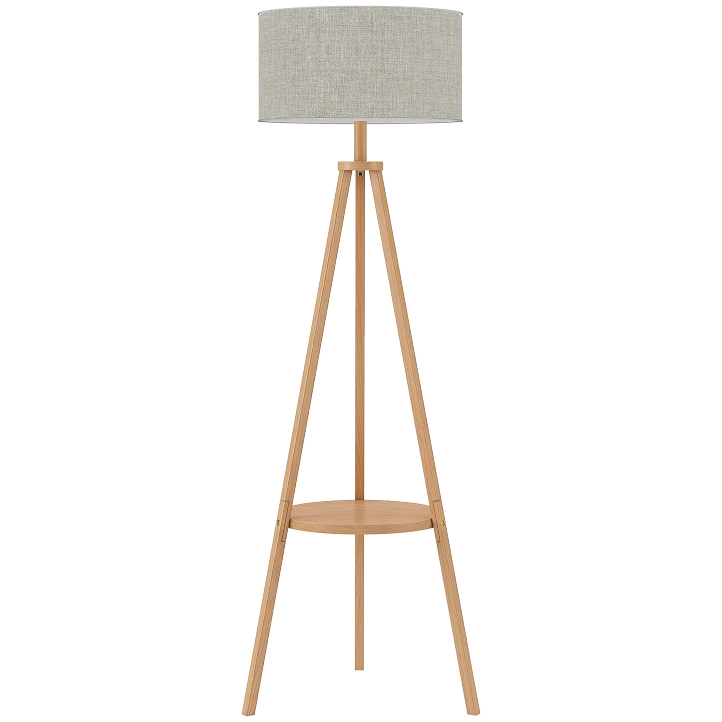 HOMCOM Bedside Light, Tripod Floor Lamp with Storage Shelf and Linen Shade for Living Room, 160cm, Natural Wood Colour