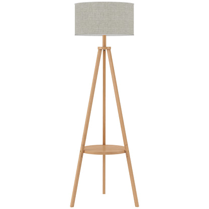 HOMCOM Bedside Light, Tripod Floor Lamp with Storage Shelf and Linen Shade for Living Room, 160cm, Natural Wood Colour