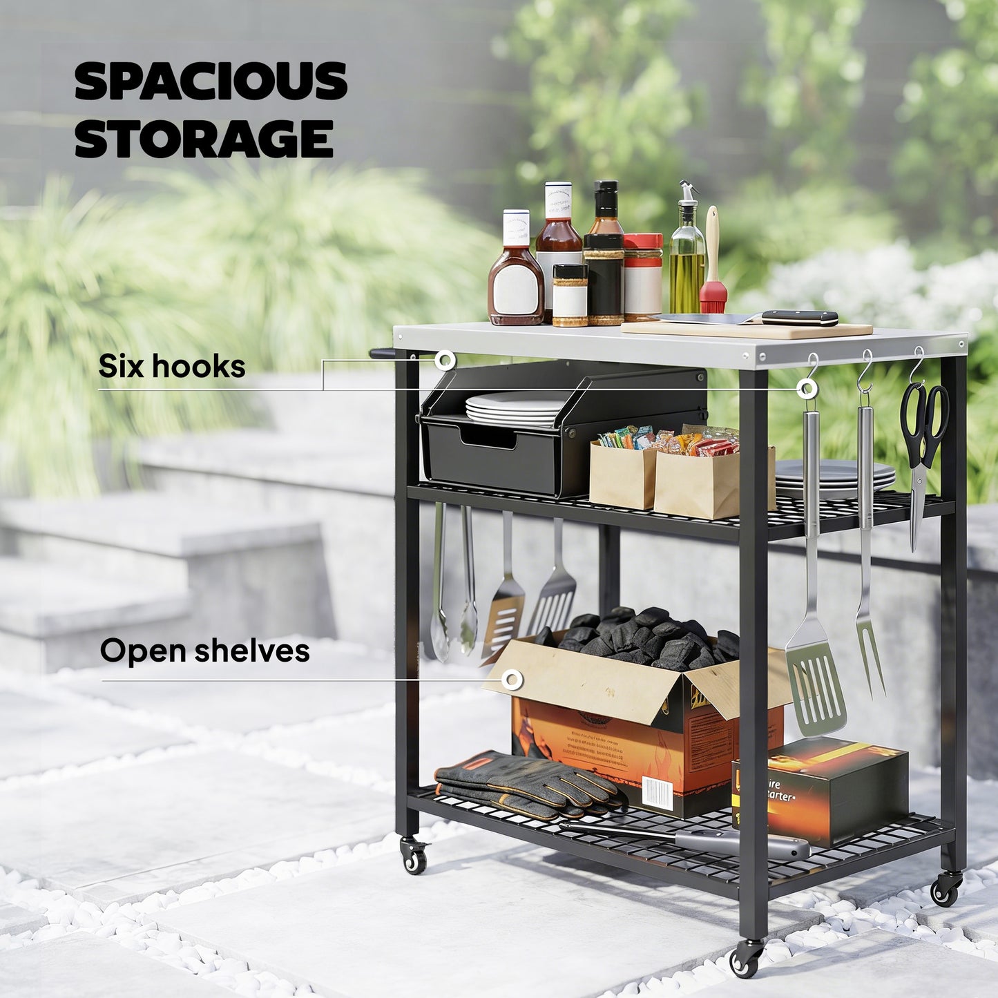 Outsunny Outdoor Grill Cart with Stainless Steel Tabletop, 3-Tier Pizza Oven Stand with 2 Shelves, 6 Hooks, Wheels, Black