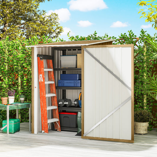 Outsunny 3.3 x 3.4ft Lean To Steel Garden Shed with Locking Door - Light Brown Wood Effect/White