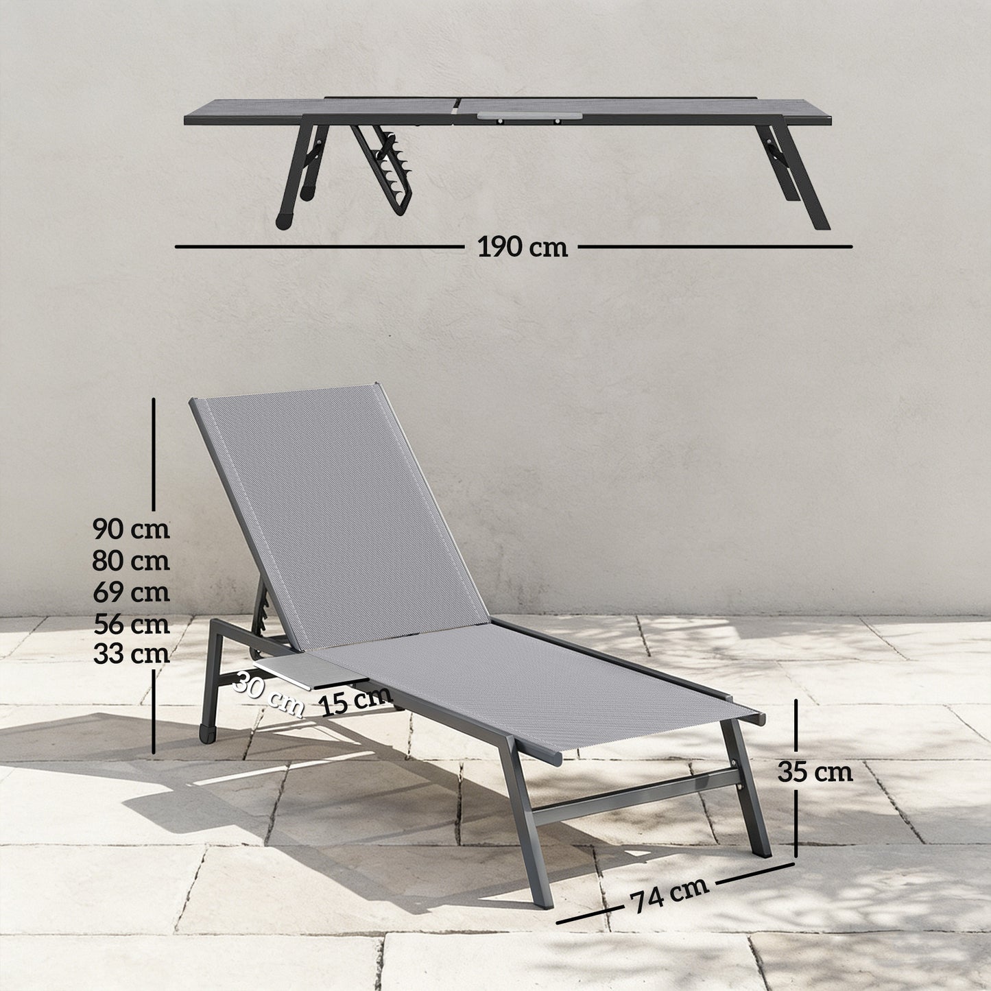 Outsunny Sun Loungers Set of 2 with Side Tray Table, Garden Recliners with 5-Position Adjustable Backrest, 2 Wheels, Grey