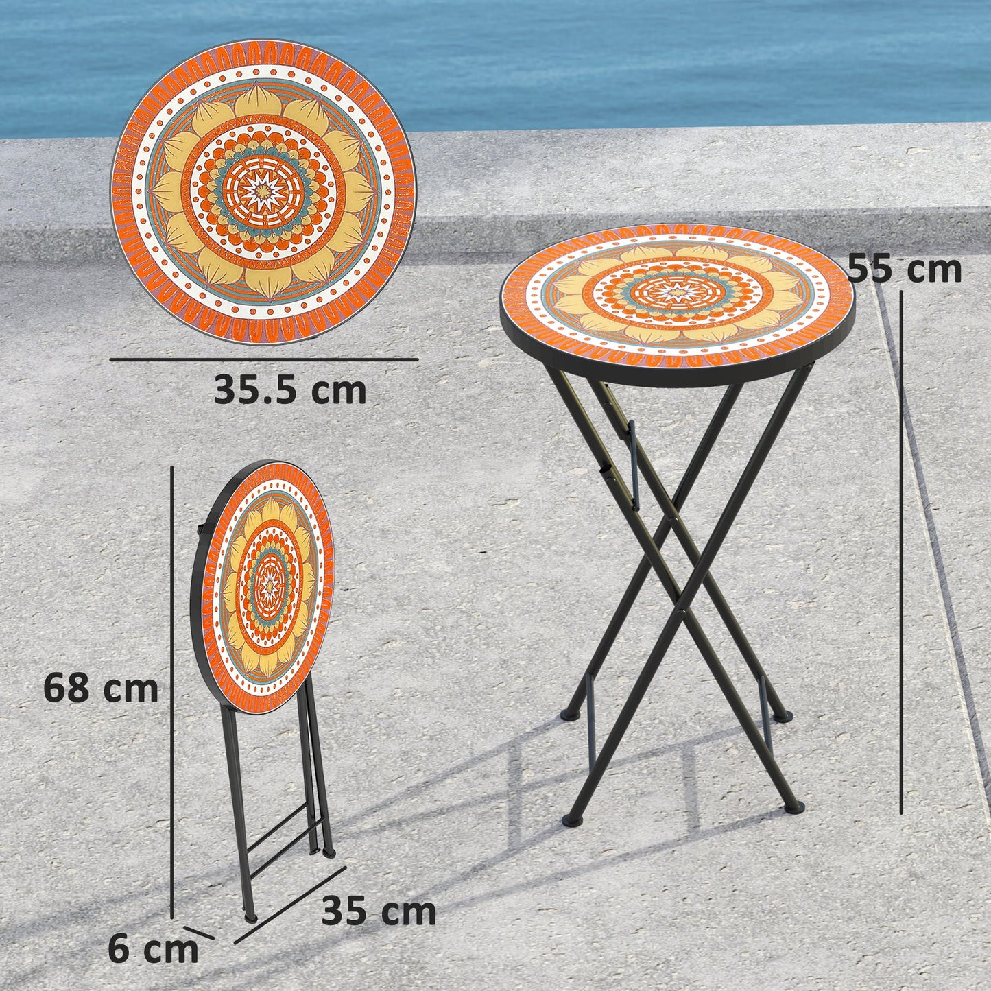 Outsunny Mosaic Outdoor Garden Table, 35.5cm Round Folding Coffee Table with Metal Frame for Balcony Terrace, Orange