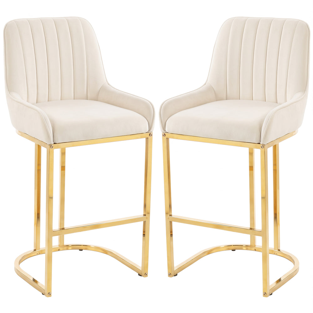 HOMCOM Bar Stools Set of 2 with Backrest, Footrest, Gold Electroplated Legs for Kitchen Island, Dining Room, Cream White