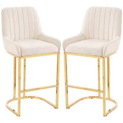 HOMCOM Bar Stools Set of 2 with Backrest, Footrest, Gold Electroplated Legs for Kitchen Island, Dining Room, Cream White