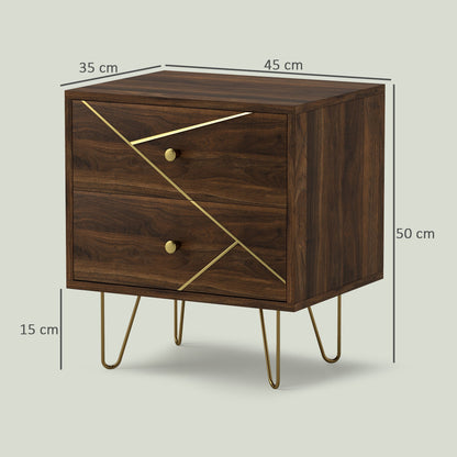 HOMCOM Bedside Tables Set of 2, Modern Side Table Set with 2 Drawers and Steel Hairpin Legs, Nightstand for Bedroom, Brown Wood Grain