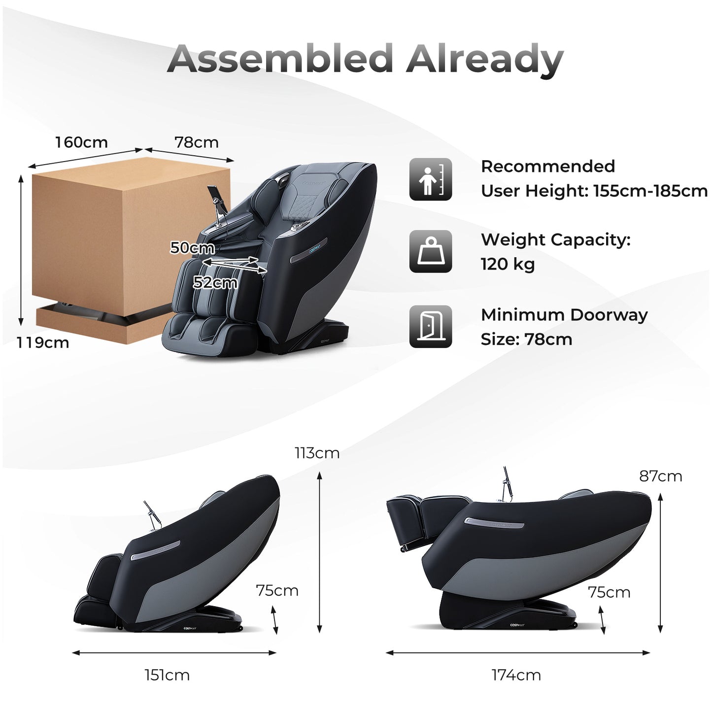 Zero Gravity SL Track Shiatsu Recliner Massage Chair with Waist Heating-Black