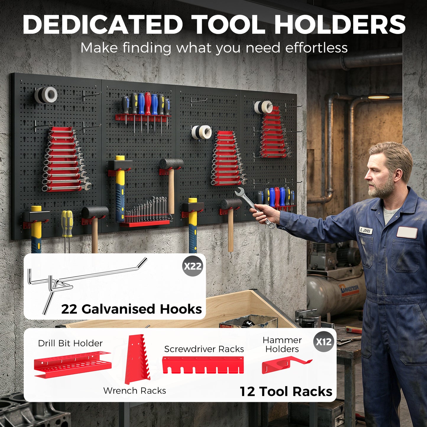 HOMCOM 38 Pcs Wall-Mounted Pegboard with 4 Boards, Garage Tool Storage Unit Black and Red