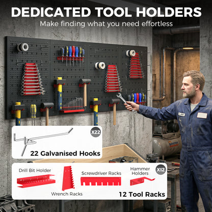 HOMCOM 38 Pcs Wall-Mounted Pegboard with 4 Boards, Garage Tool Storage Unit Black and Red