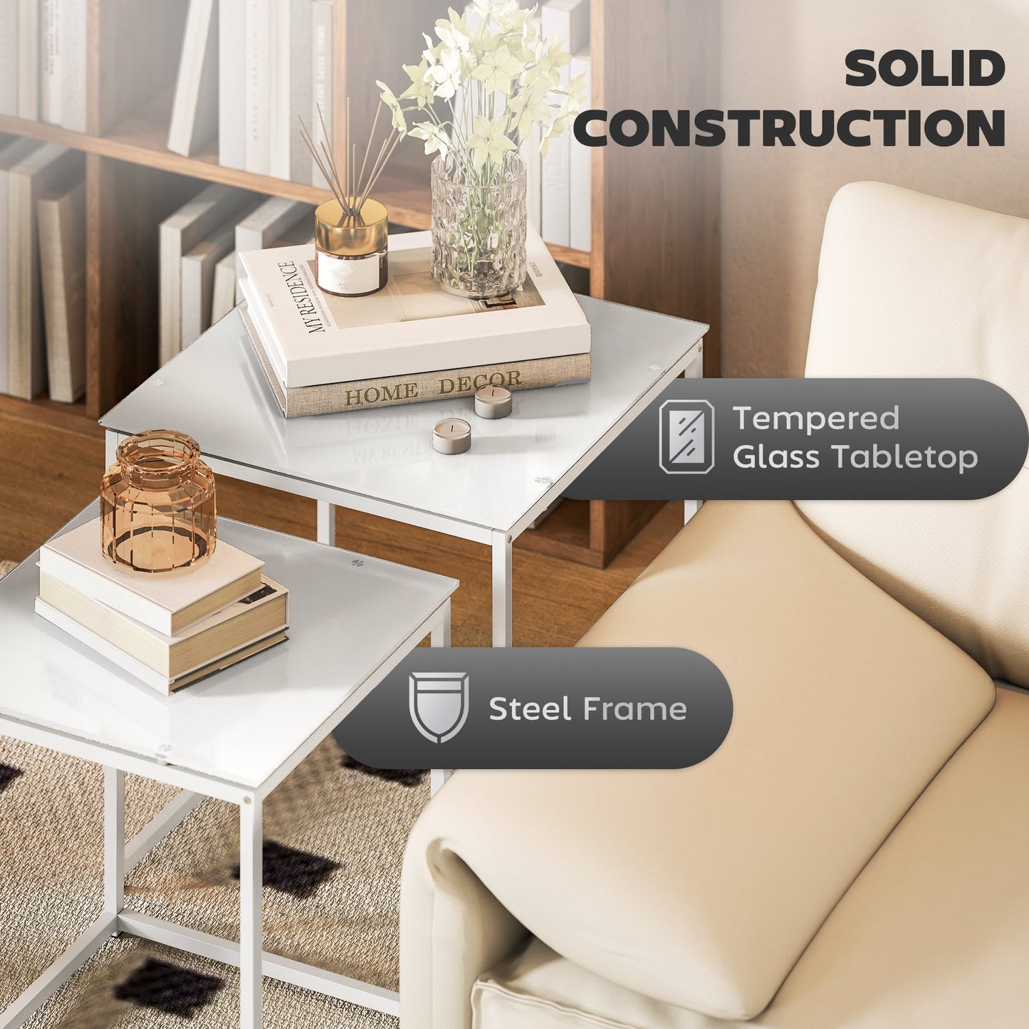 HOMCOM Nest of Tables, Set of 2 Coffee Table, Side Tables with Tempered Glass Desktop and Metal Frame for Living Room, Bedroom, Office, White