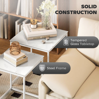 HOMCOM Nest of Tables, Set of 2 Coffee Table, Side Tables with Tempered Glass Desktop and Metal Frame for Living Room, Bedroom, Office, White