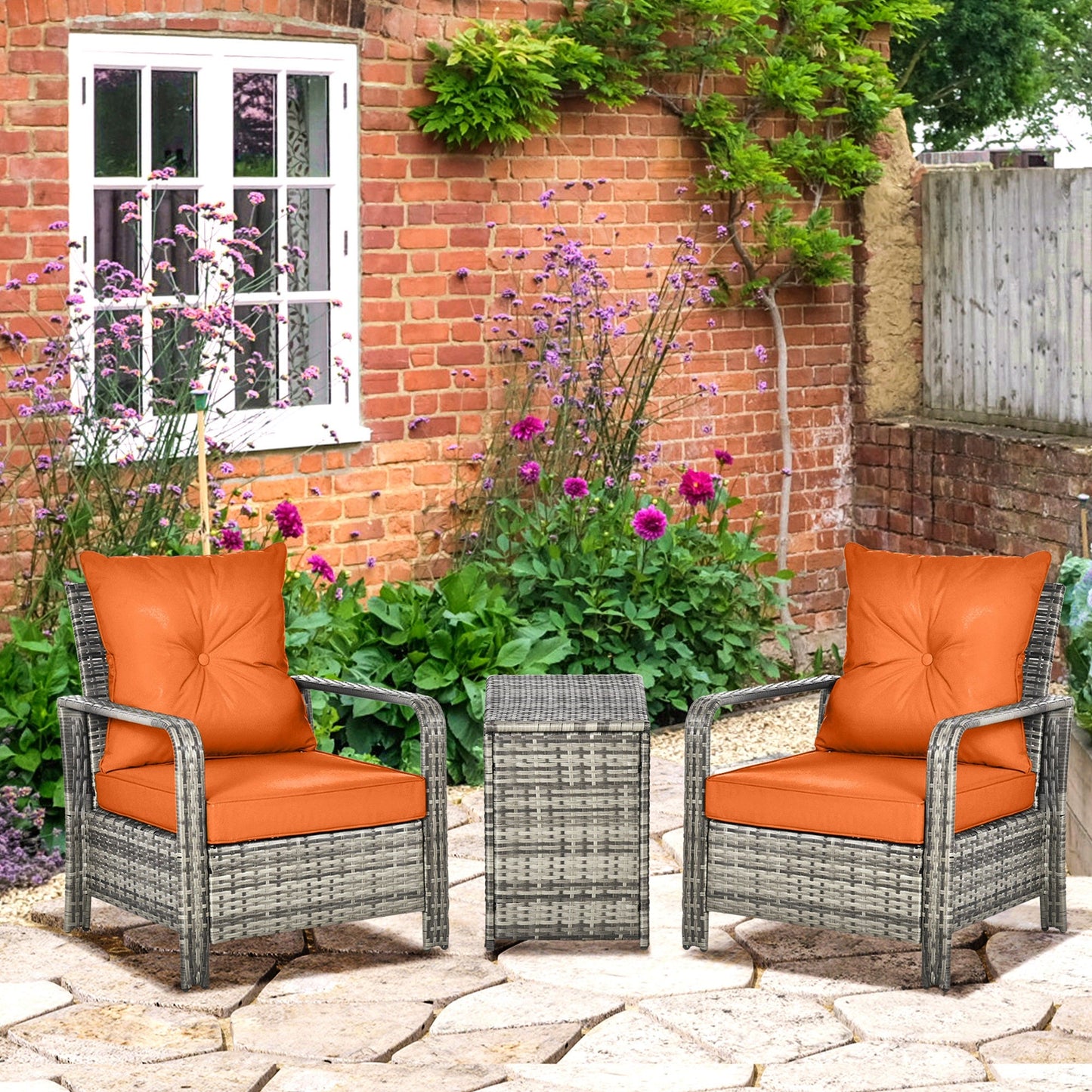 Outsunny 3 Pieces Rattan Bistro Set, Wicker Garden Furniture Set with Storage Coffee Table and Chairs, Thickened Cushions for Outdoor, Patio, Balcony, Orange