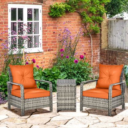 Outsunny 3 Pieces Rattan Bistro Set, Wicker Garden Furniture Set with Storage Coffee Table and Chairs, Thickened Cushions for Outdoor, Patio, Balcony, Orange