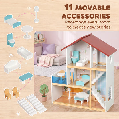 AIYAPLAY Kids Wooden Dolls House, 3-Story Dollhouse with 5 Rooms and 11 Accessories, Pretend Play Gift for Ages 3+, White