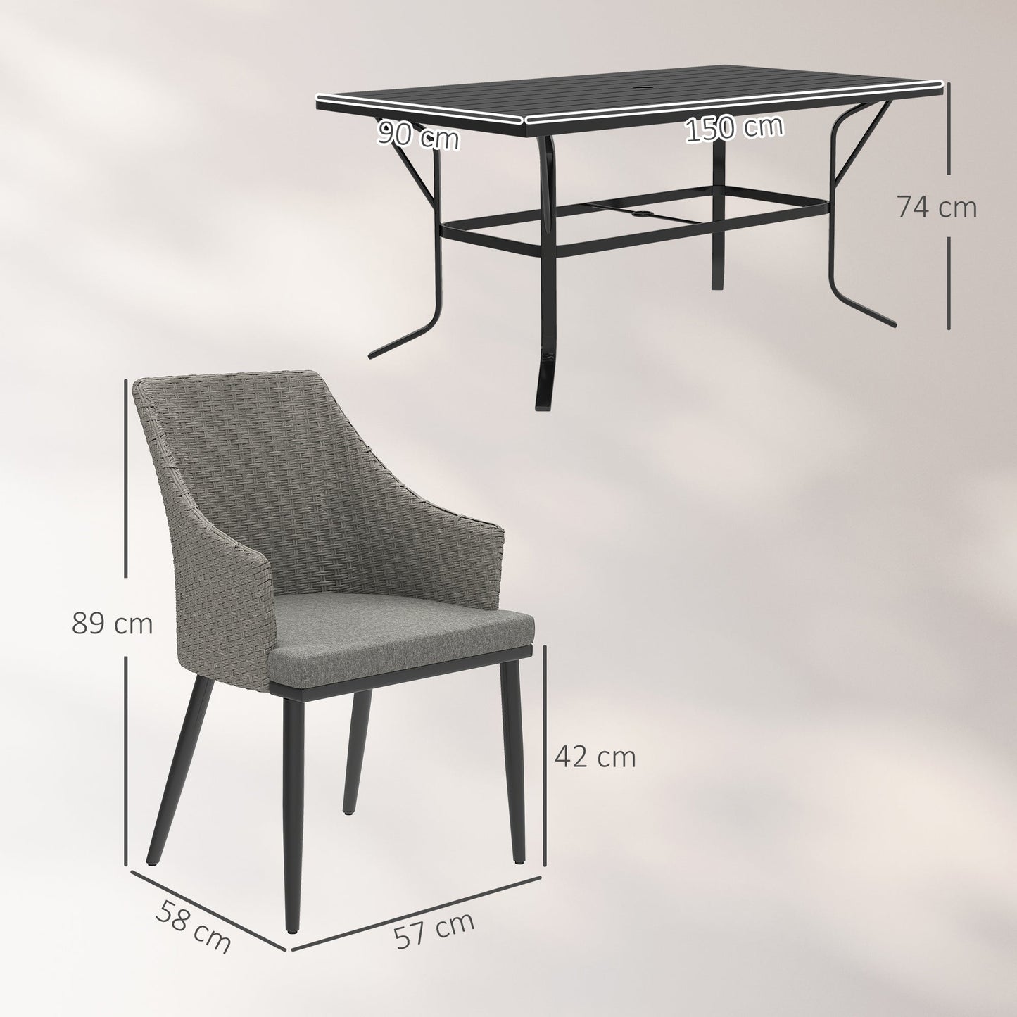 Outsunny 6 Seater Rattan Dining Set with Cushions, Garden Furniture Set with Armchairs, Rectangle Slatted Table Top, Steel Frame, Parasol Hole, Wicker Outdoor Furniture for Patio, Balcony, Grey