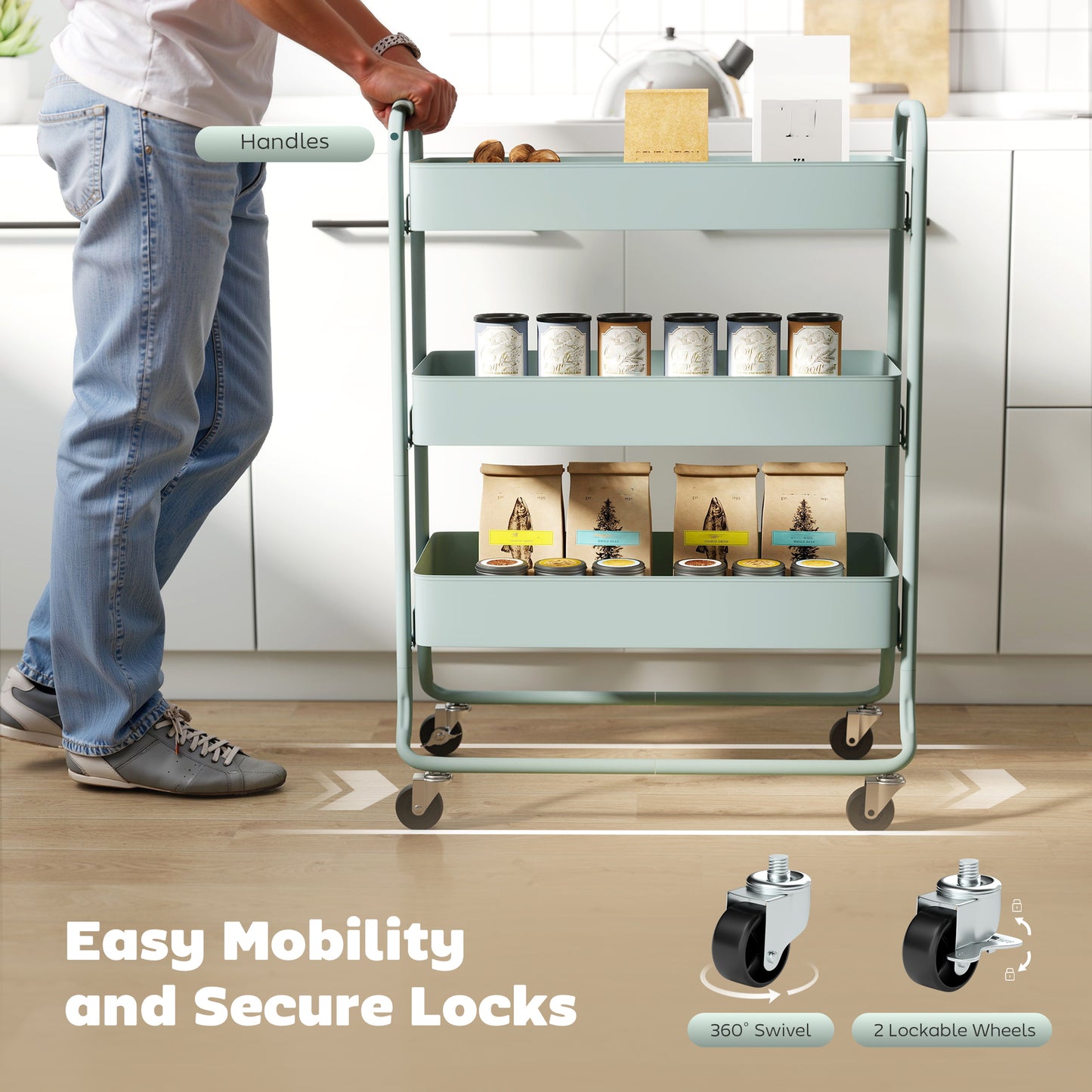 HOMCOM 3-Tier Storage Trolley on Wheels, Rolling Utility Cart with Mesh Backets for Kitchen, Bathroom, Bedroom, Light Green