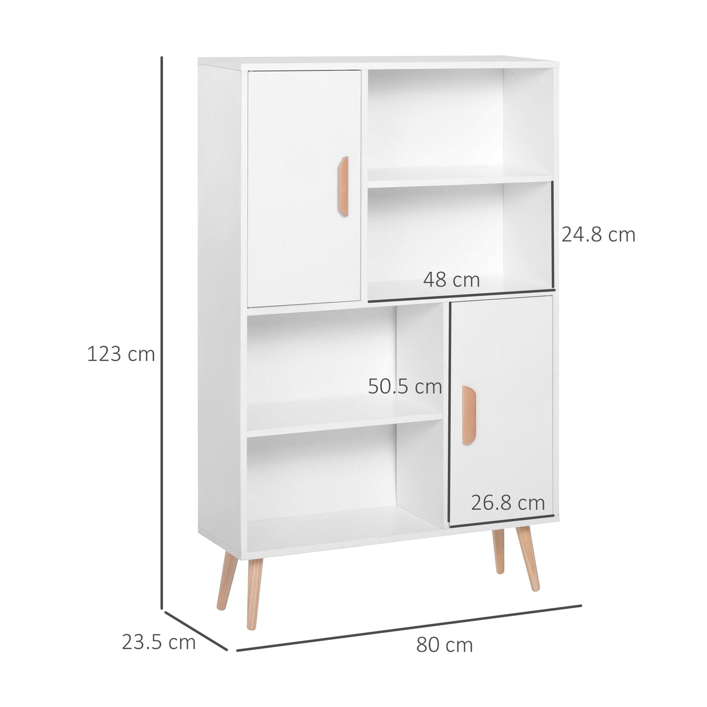 HOMCOM Sideboard Bookshelf Free Standing Bookcase Shelves Unit Display Storage Cabinet w/ Adjustable Shelves, Wooden Leg, Two Doors, White