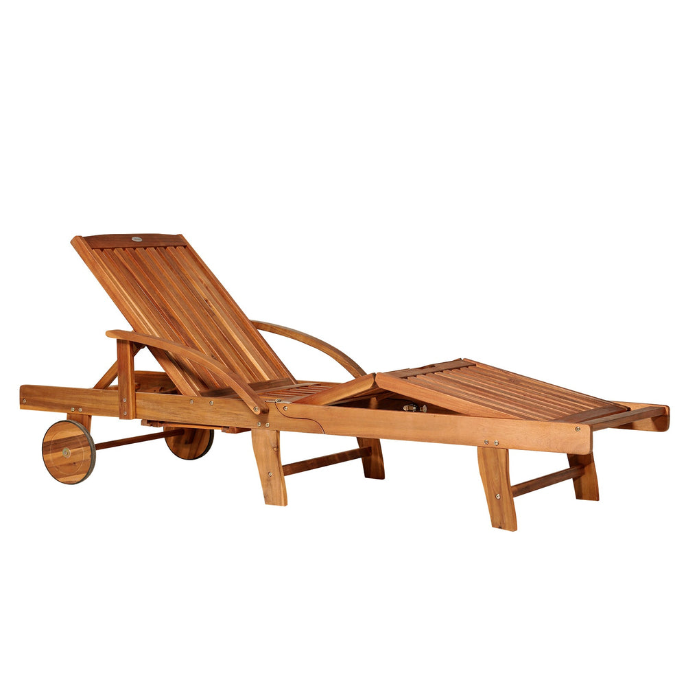 Outsunny Folding Wooden Sun Lounger, 4-Level Adjustable Garden Lounger Recliner with Side Tray and Wheels, Outdoor Reclining Sunbed with Slatted Seat and Armrests for Patio, Terrace, Teak